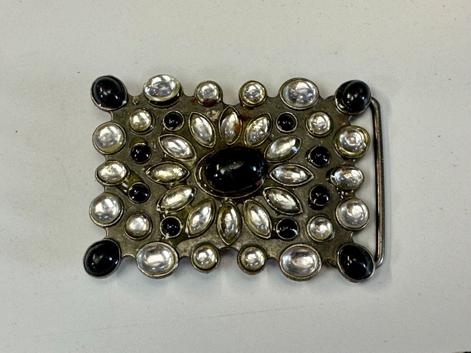 Vintage black and white rhinestone / silver tone belt buckle