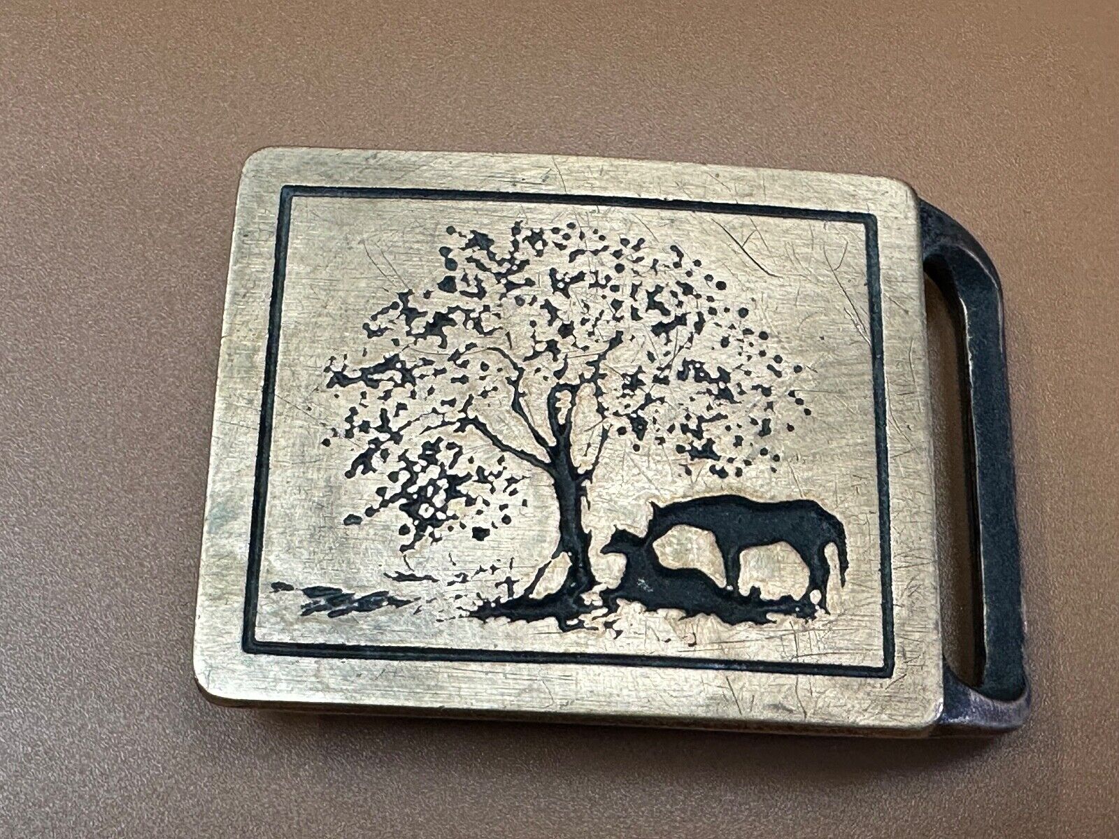 TWO HORSES - under tree  TECH-ETHER GUILD ART Hippy  solid brass belt buckle