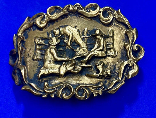 Three Cowboys Roping calf on the farm SOLID BRASS western belt buckle