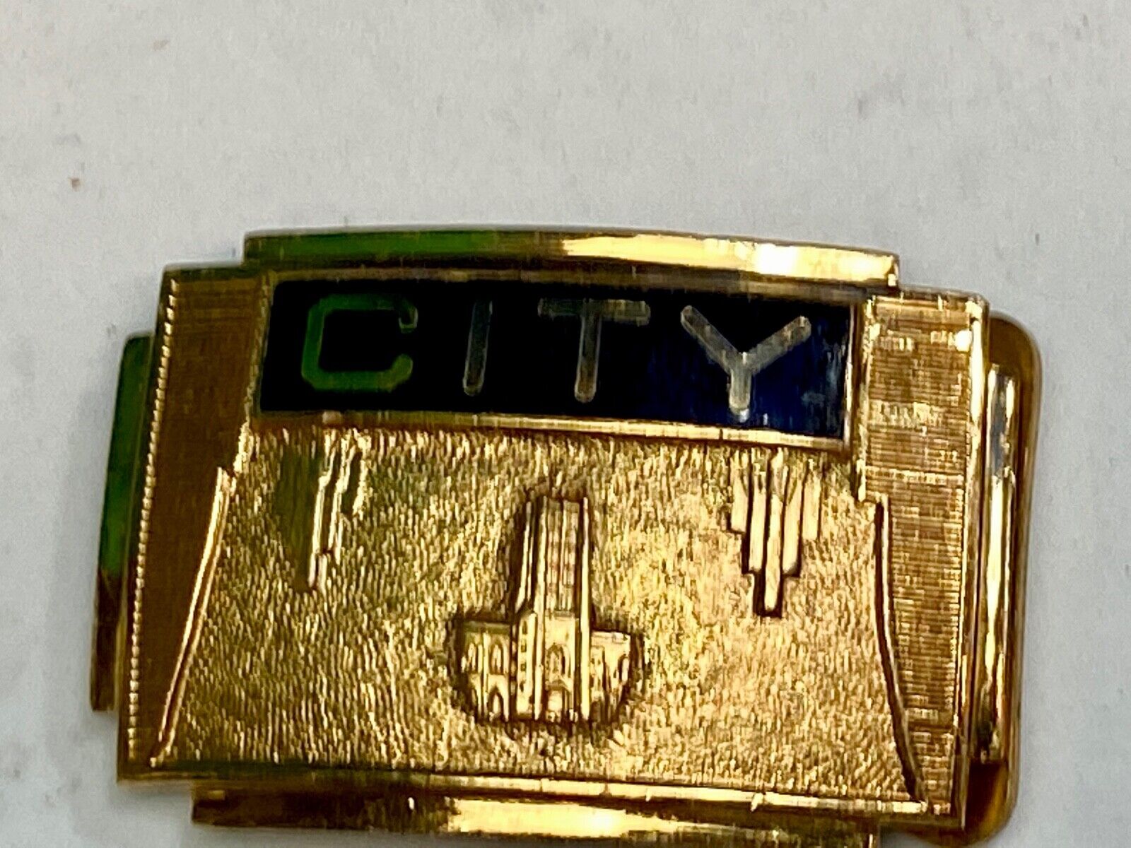 1930's CITY picture & words, Gold and Black color formal belt buckle by Jenkins 