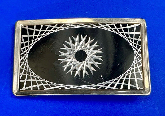 Vintage etched starburst pattern black & silver color belt buckle