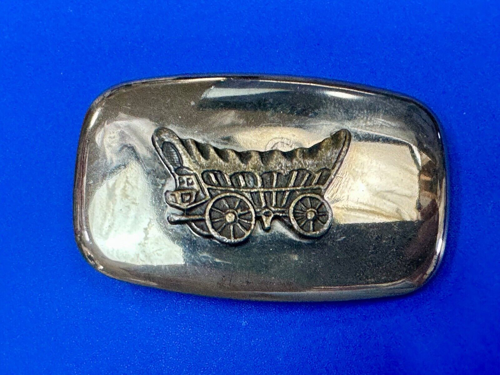 70s Covered Wagon two tone reflective rounded corner USA made belt buckle
