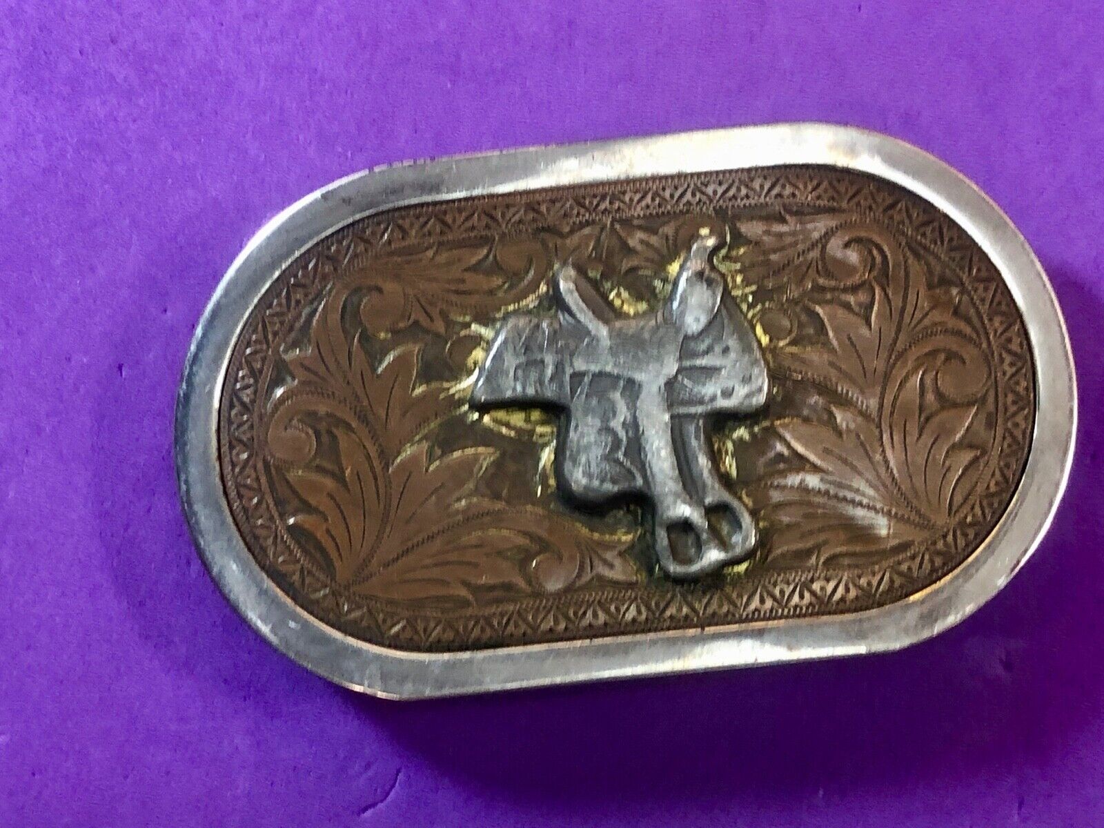 Vintage Horse saddle western belt buckle Nickel plate 
