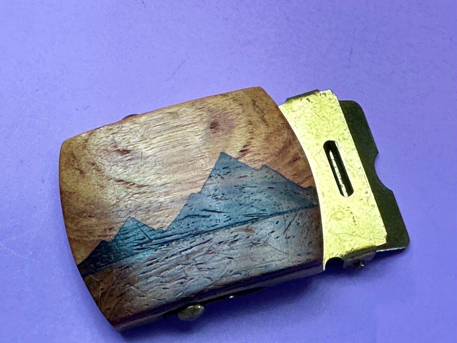 Artisan Mountain scene - Mixed Wood Top Solid Brass Ratchet Dress Belt Buckle