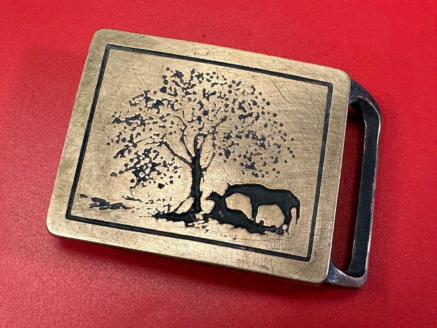 TWO HORSES - under tree  TECH-ETHER GUILD ART Hippy  solid brass belt buckle