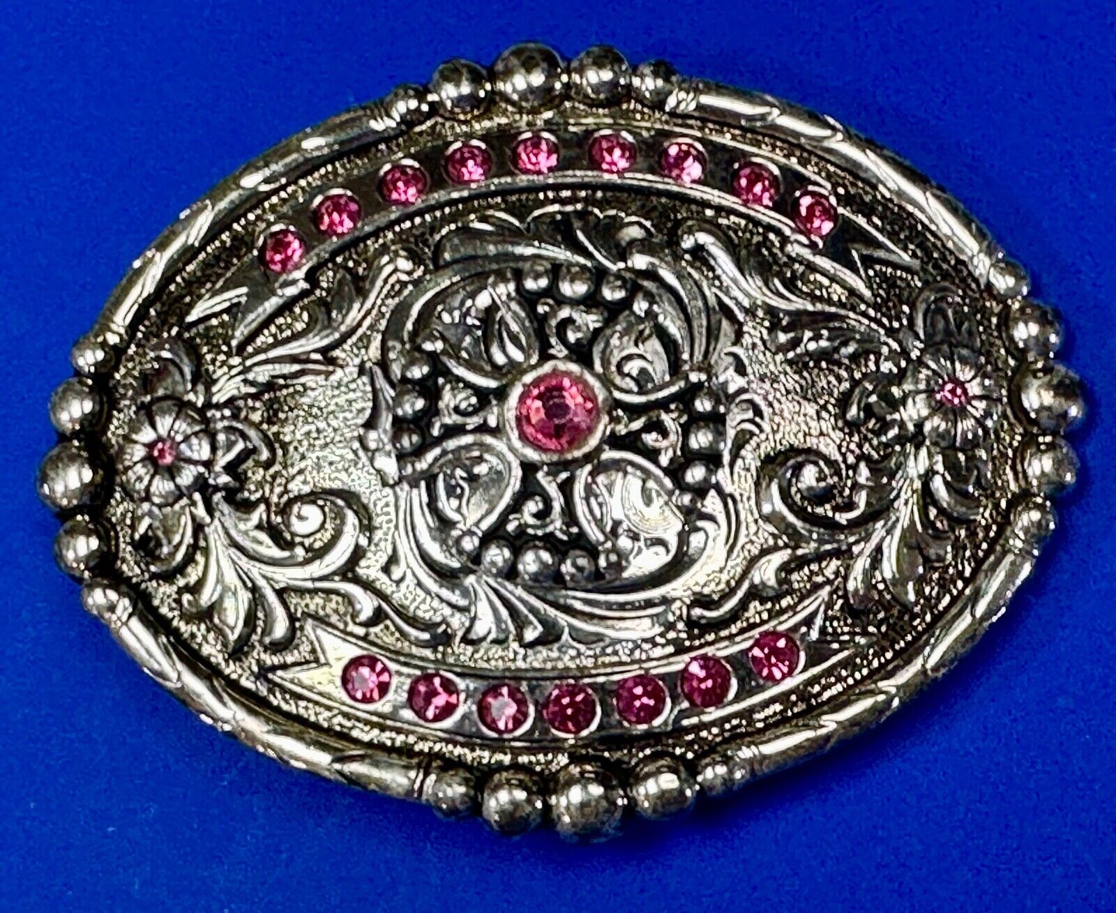 Authentic Silver plated pewter belt buckle with cowgirls girly pink rhinestones!