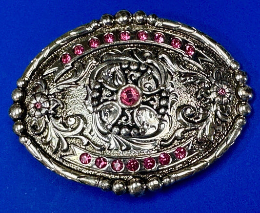 Authentic Silver plated pewter belt buckle with cowgirls girly pink rhinestones!