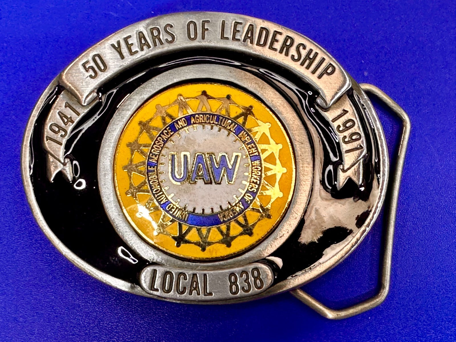 AUW United Auto Workers Local 838 50 Years of Leadership 1941-1991 Belt Buckle