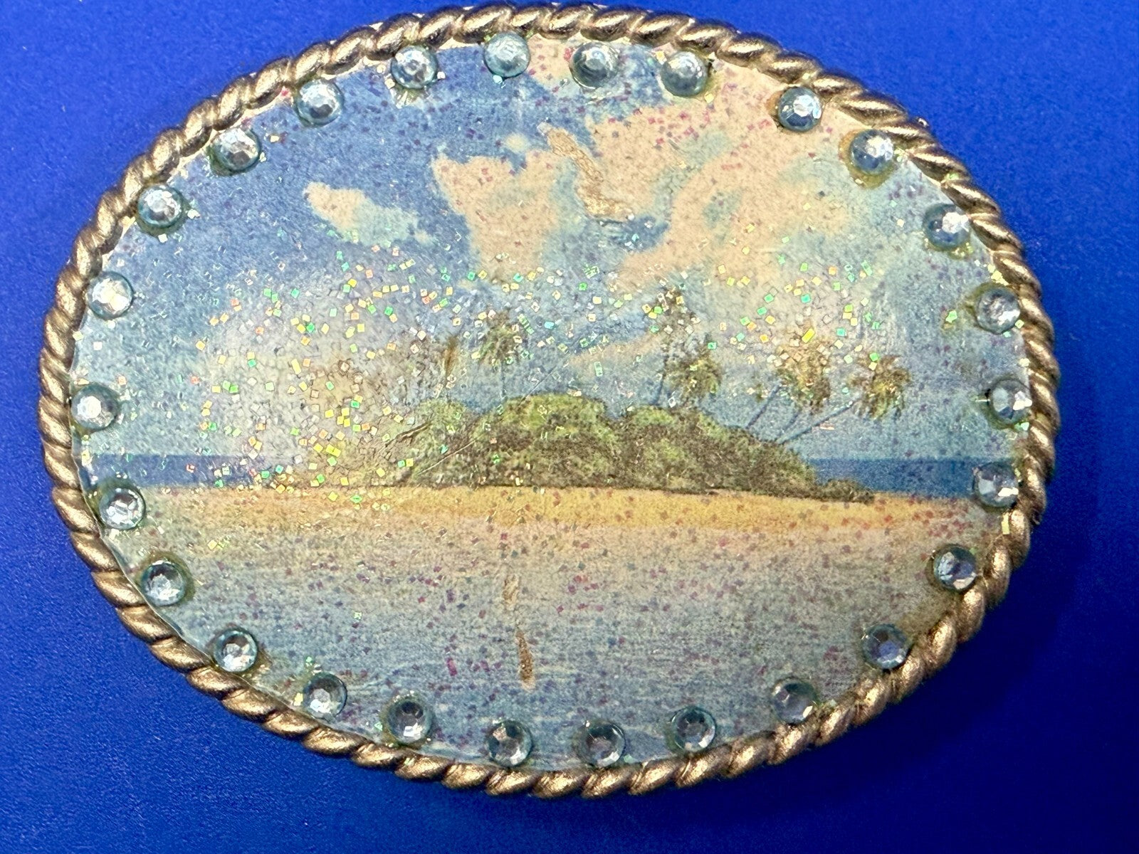 Tropical Island Paradise Picture Vintage Rhinestone Border Oval Belt Buckle