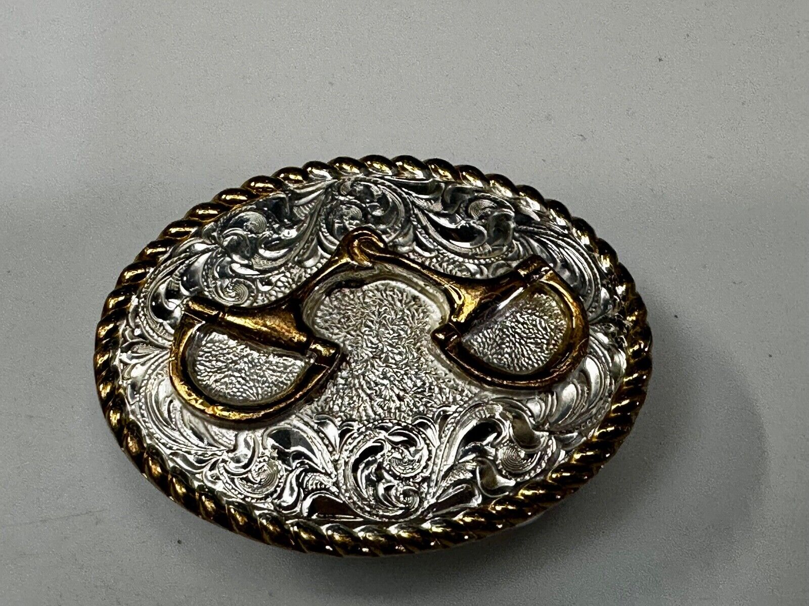 Vintage Crumrine 2" Wide Small Two tone Belt Buckle Engraved Swirl Design