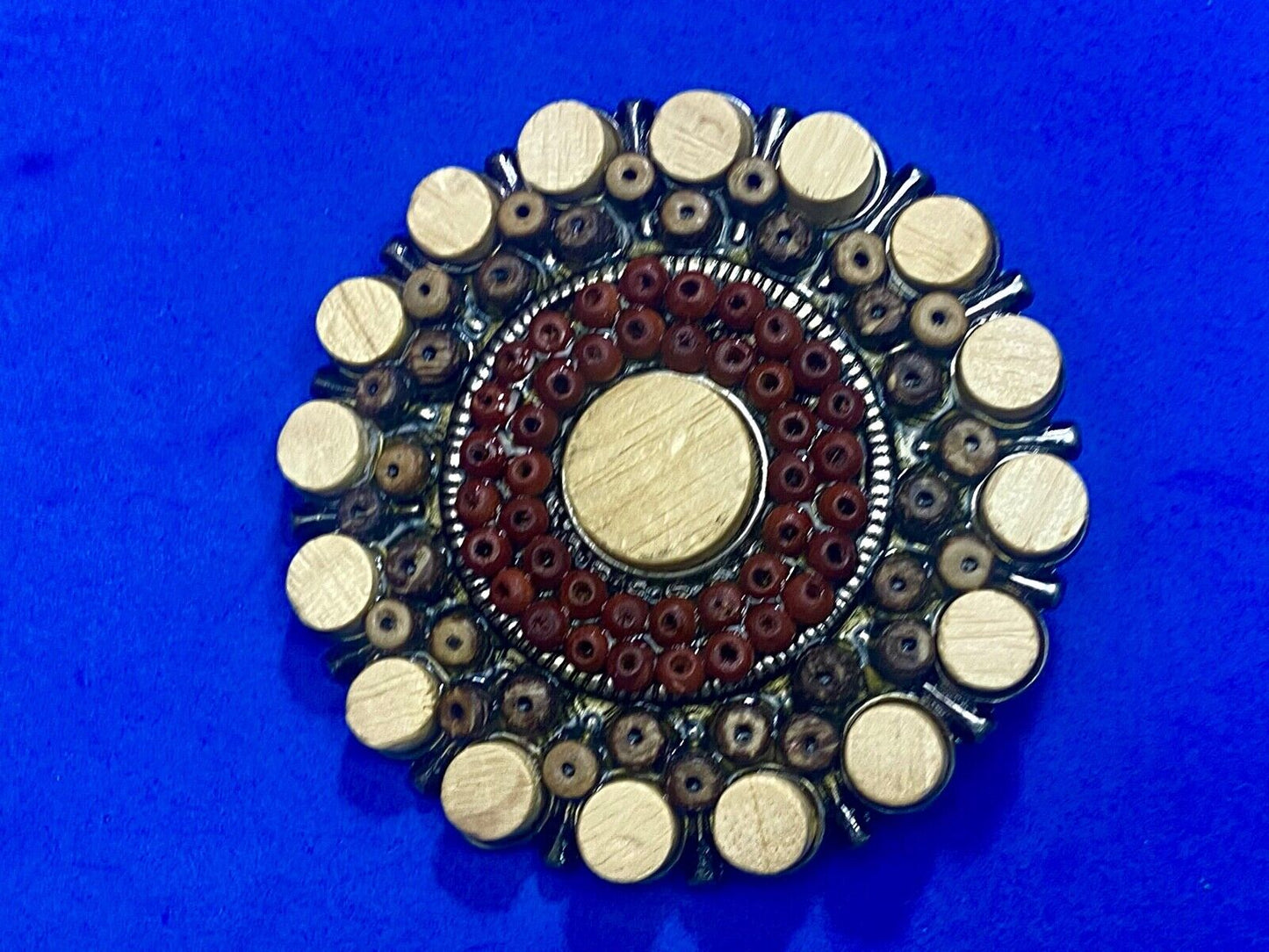 Unique Faux Wood Beads In Circular Pattern Cut Out Belt Buckle 