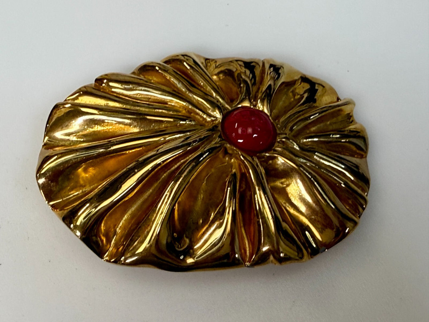 Antique Textured Metal W/ Centered Red Stone Gold Tone Belts by Lois Belt Buckle