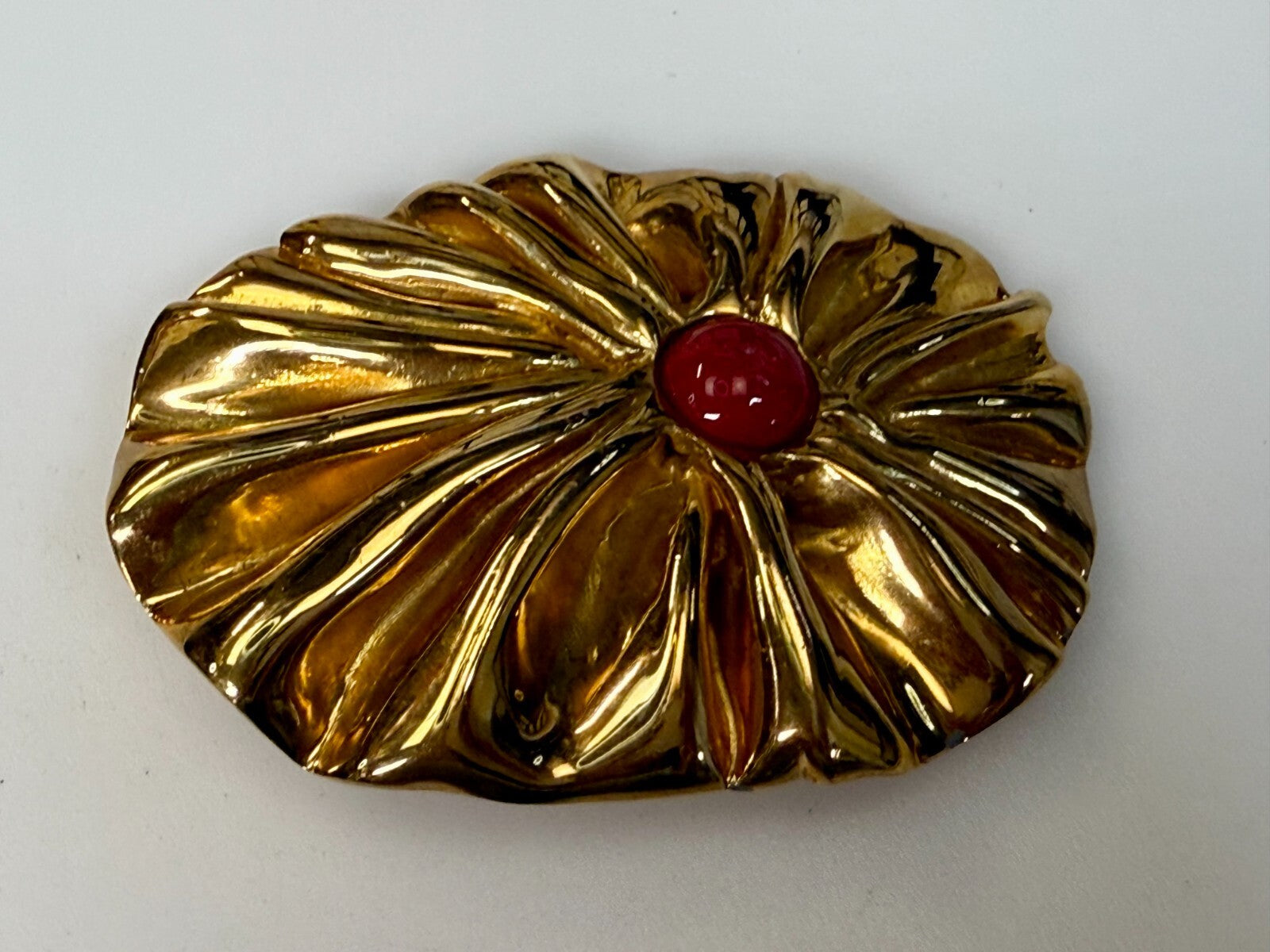 Antique Textured Metal W/ Centered Red Stone Gold Tone Belts by Lois Belt Buckle