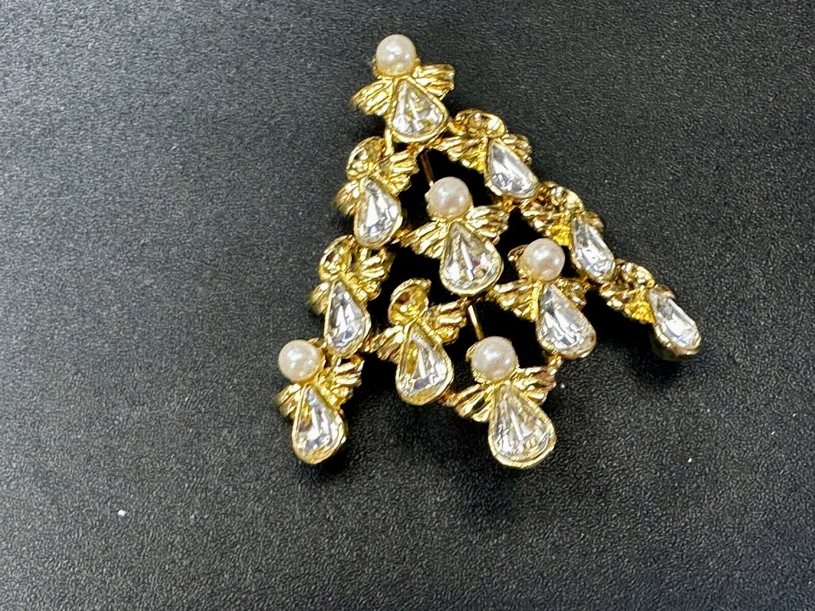 Angel Christmas Tree with Faux Pearls Vtg. Gold Tone Brooch Pin by Ninna Ricci