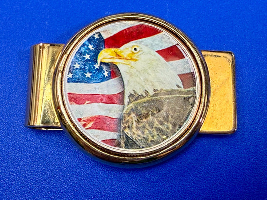 United States American Flag Patriotic Bald Eagle Gold Tone Vintage Money Clip