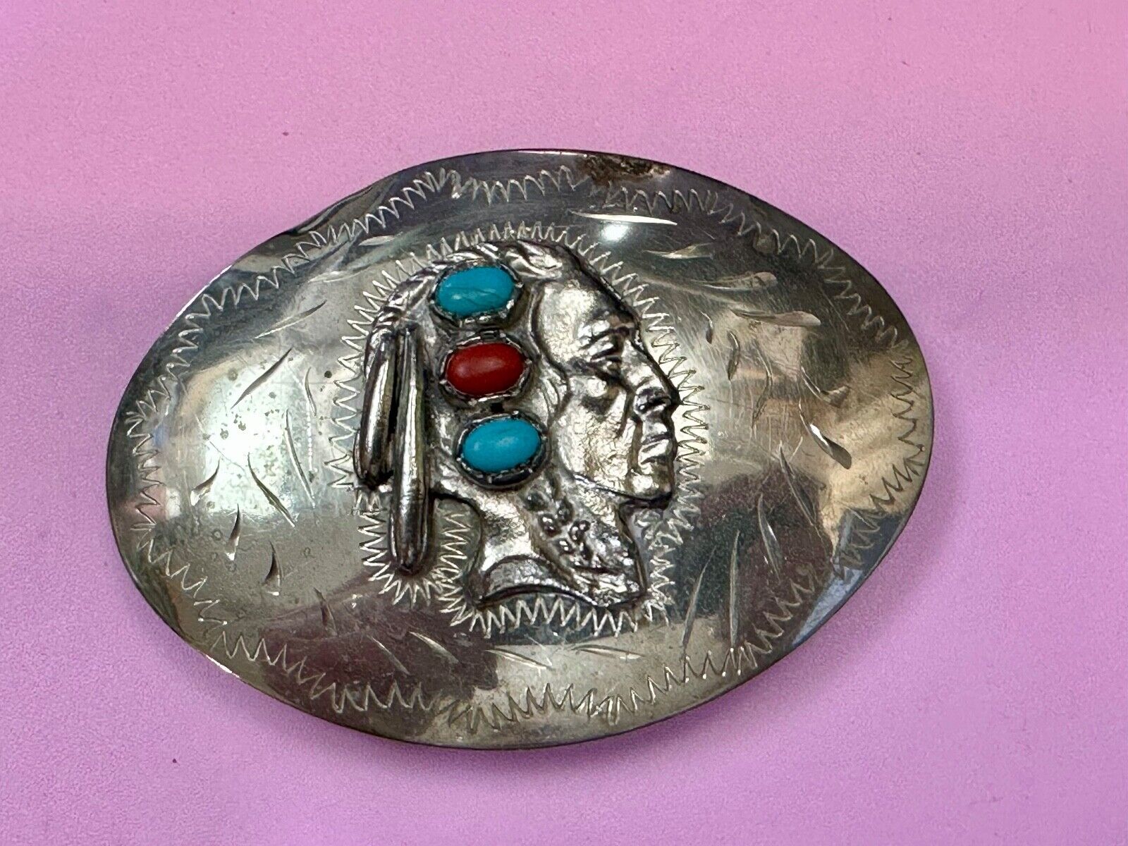 Artisan Native American Indian Bust Belt Buckle  Faux Turquoise & coral accents