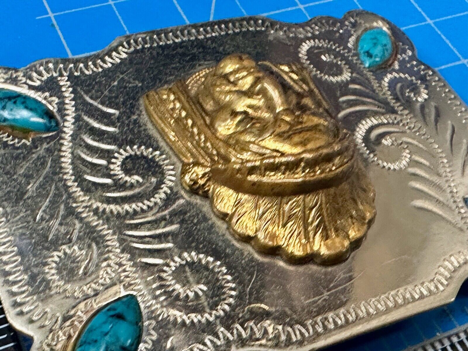 3D Native American Indian Chief & Turquoise stones Nickel Silver Vtg Belt Buckle