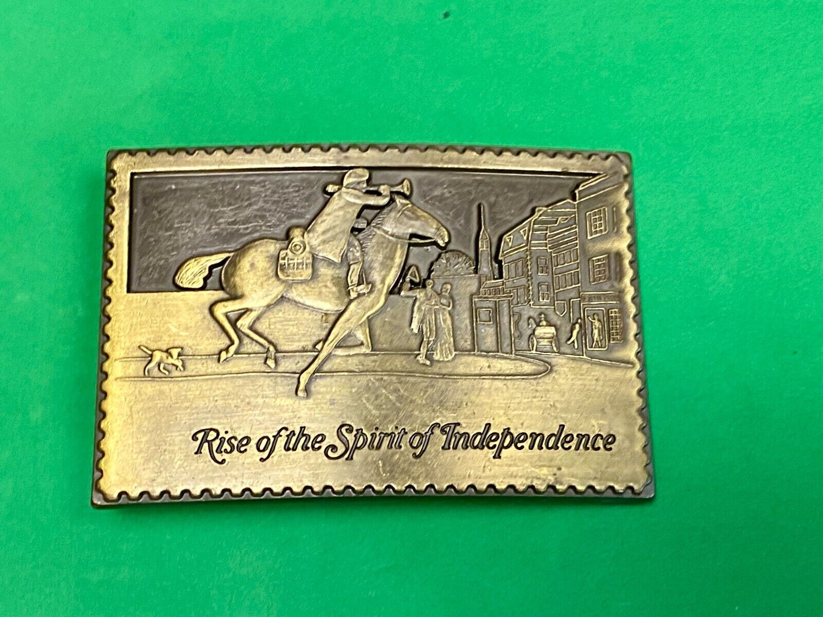 Vintage Cut Out Stamp Rise Of The Spirit Of Independence Horse Rider Belt Buckle
