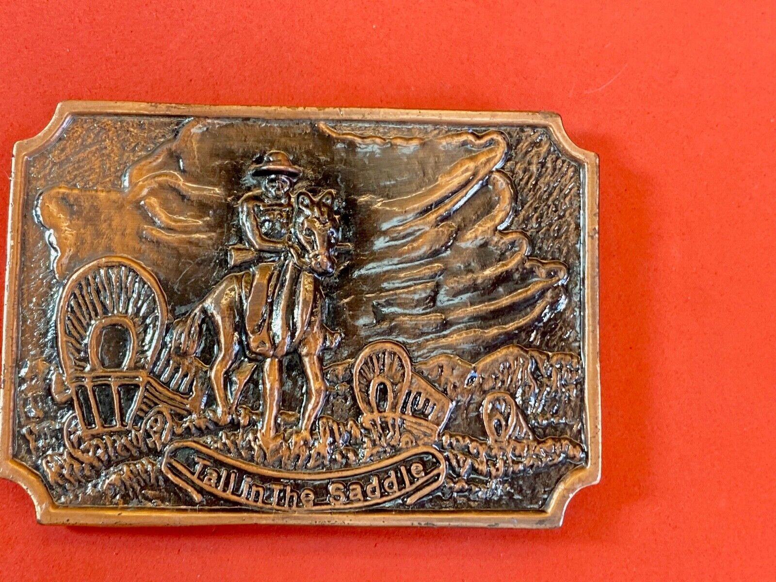 Tall In The Saddle Western Rodeo Cowboy On Trail With Covered Wagon Belt Buckle 