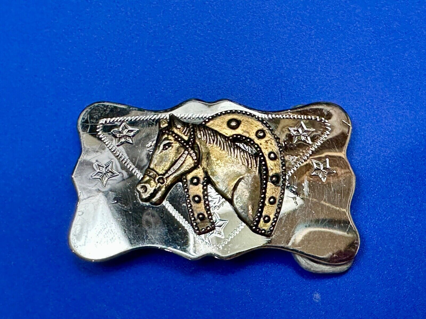 Vintage Horse head through horseshoe on reflective two tone belt buckle