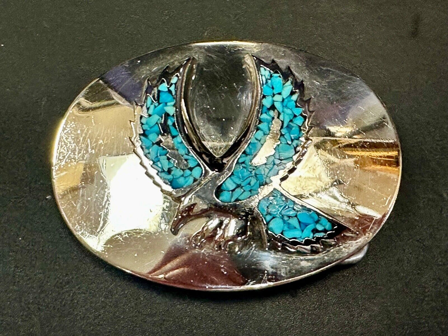 Turquoise Chip inlaid Flying Hunting Diving Patriotic American Eagle Belt Buckle