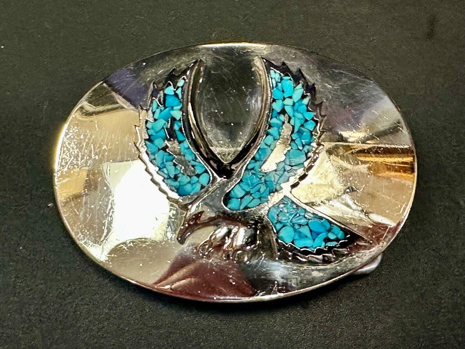 Turquoise Chip inlaid Flying Hunting Diving Patriotic American Eagle Belt Buckle