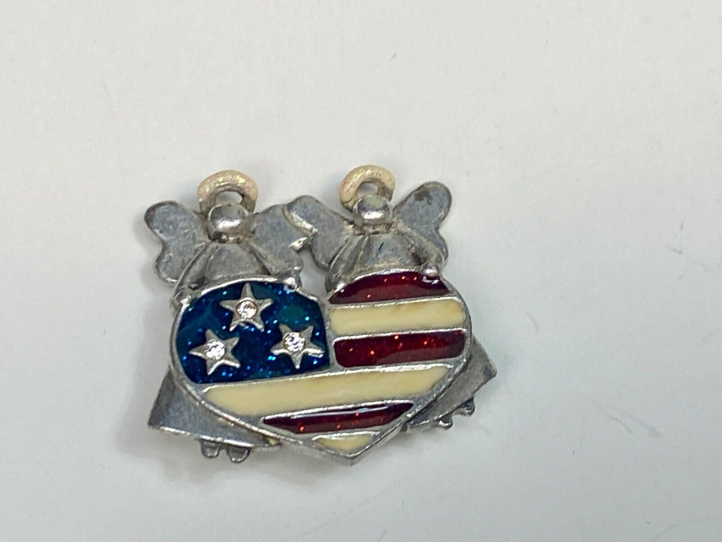 Angels Holding American Flag Heart Vintage Brooch Pin Signed By Ajmc