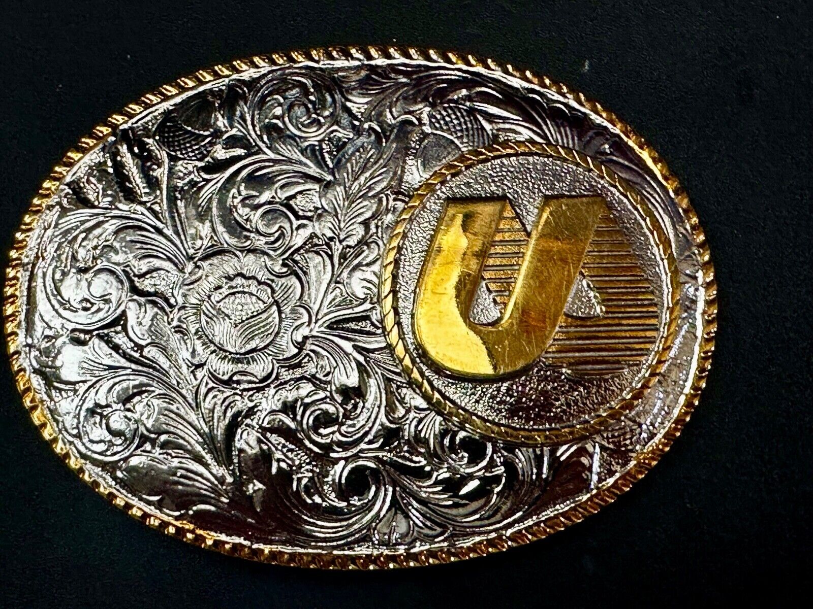 UA Company Logo Floral Flower Design Gold & Silver Tone Vintage Belt Buckle
