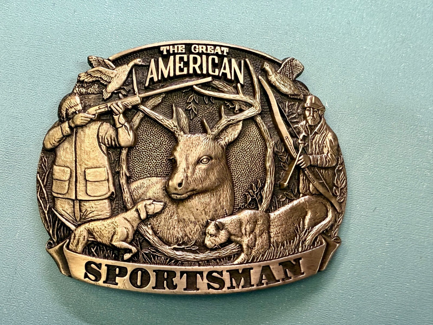 American Sportsman Bird Deer Riffle Bow Hunting Dog Solid Brass ADM Belt Buckle