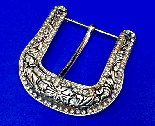 3" Wide Rhinestone Accented Ranger Style Replacement Silver Tone Belt Buckle