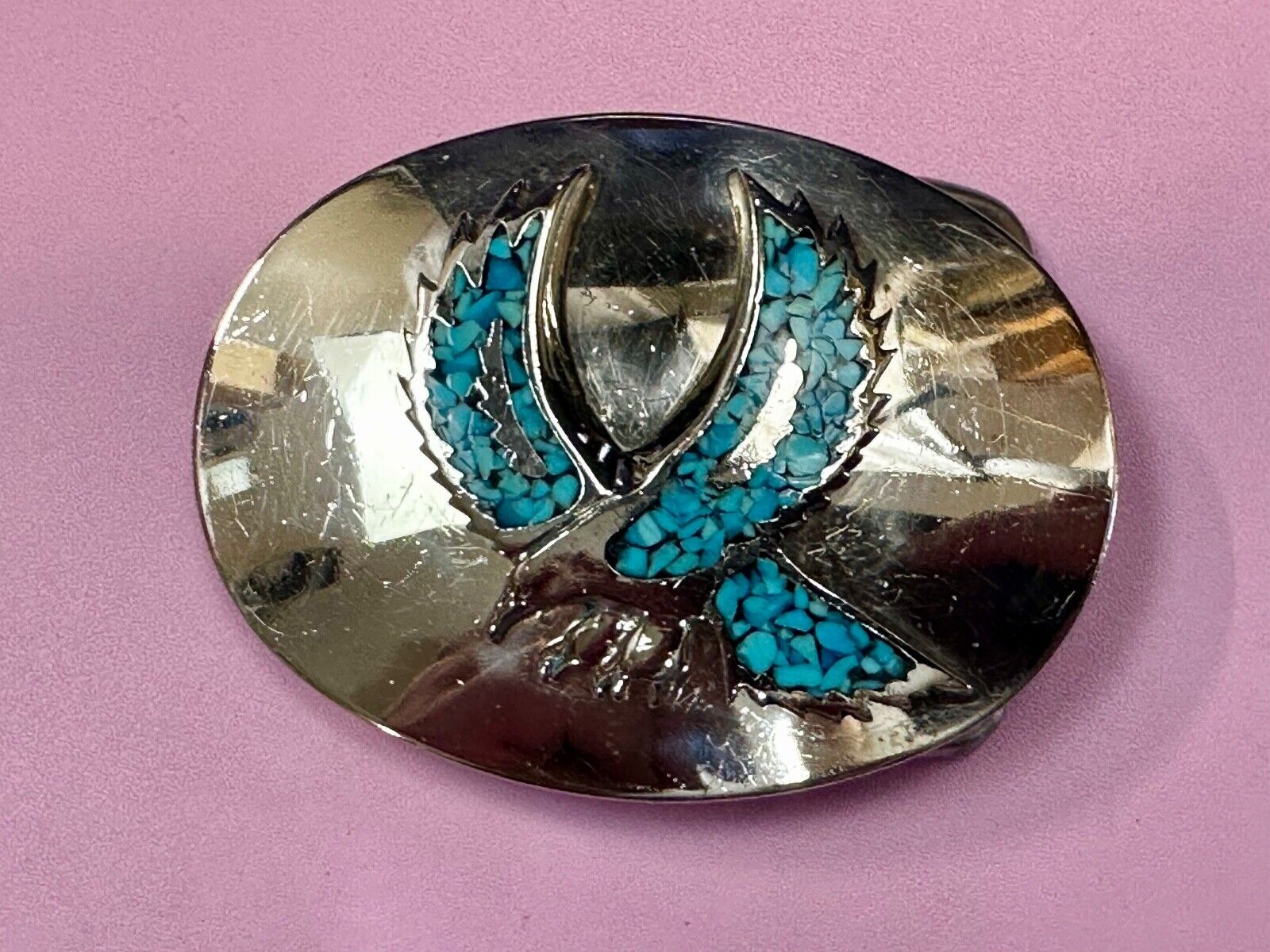 Turquoise Chip inlaid Flying Hunting Diving Patriotic American Eagle Belt Buckle