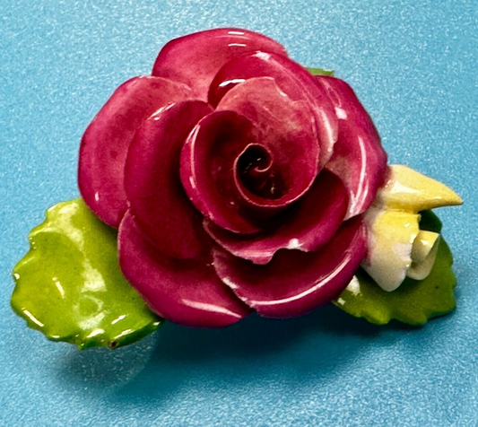 Beautiful Porcelain Red Roses with Green Leaf Brooch Pin Signed by Cara China