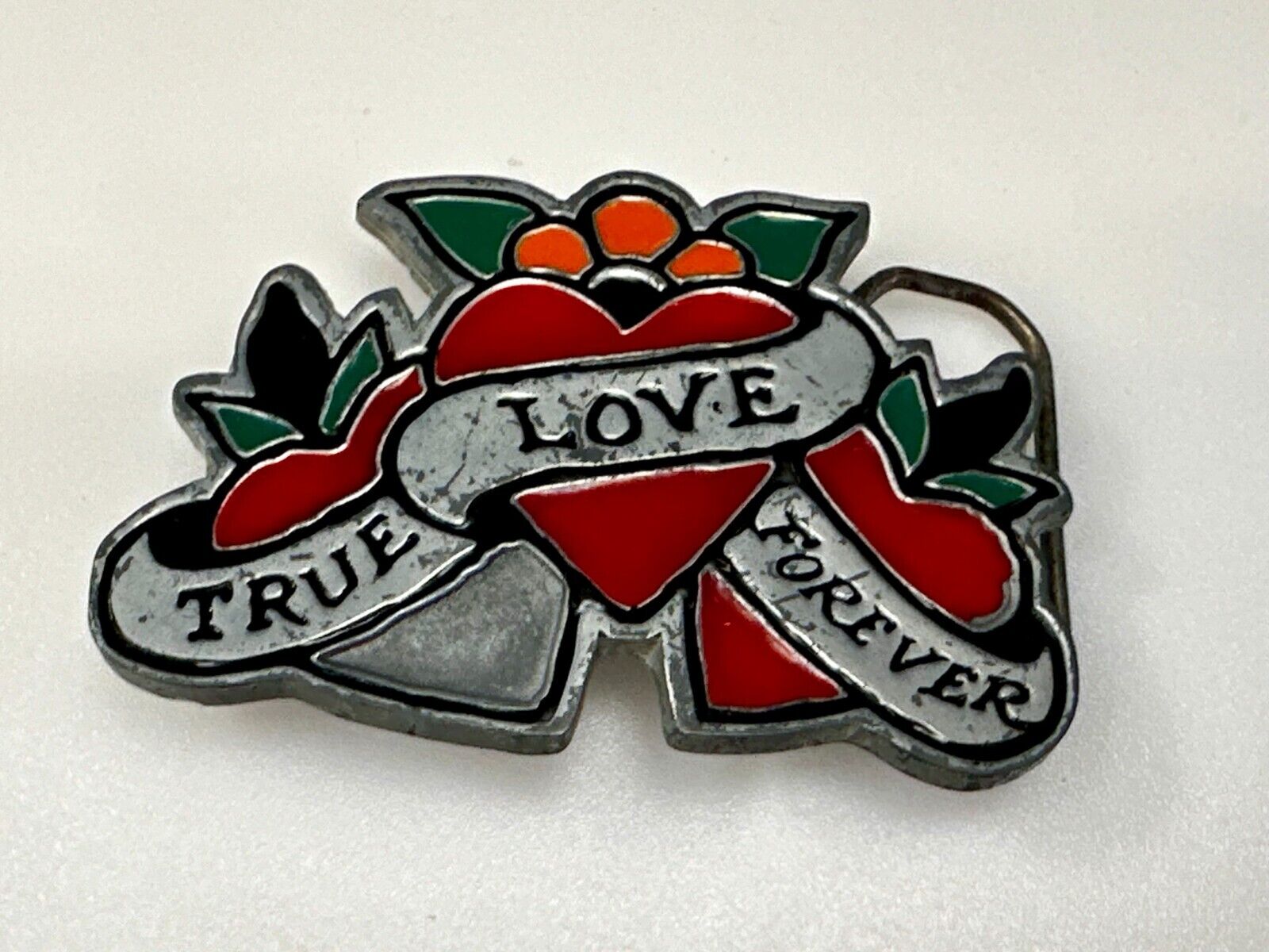 True Love Forever Three Hearts Ribbon Vintage Sailor Jerry Belt Buckle