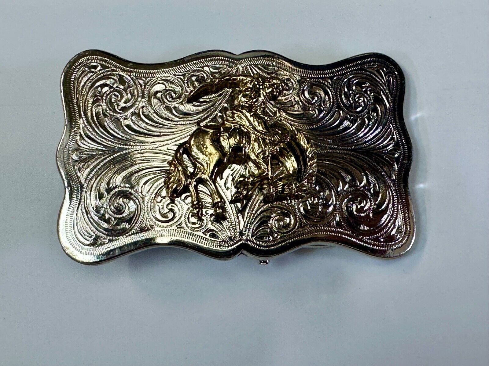 Vintage Cowboy Saddle Bronc western two tone ornate flower swirl belt buckle