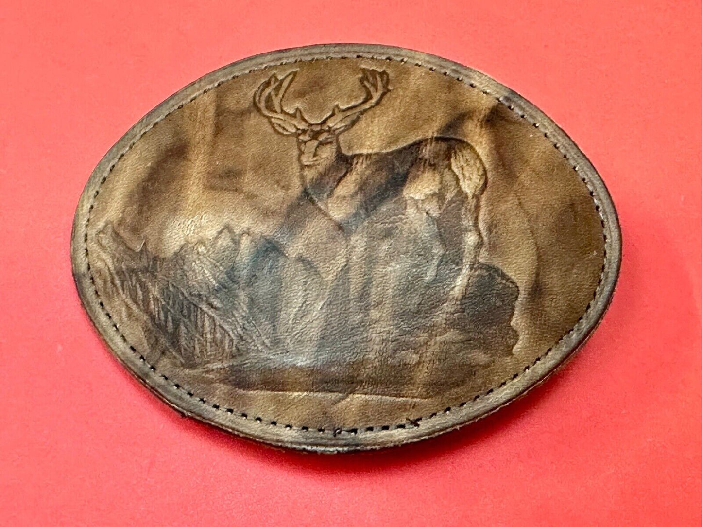 Vintage DEER in Nature, Hunters Leather oval LARGE belt buckle