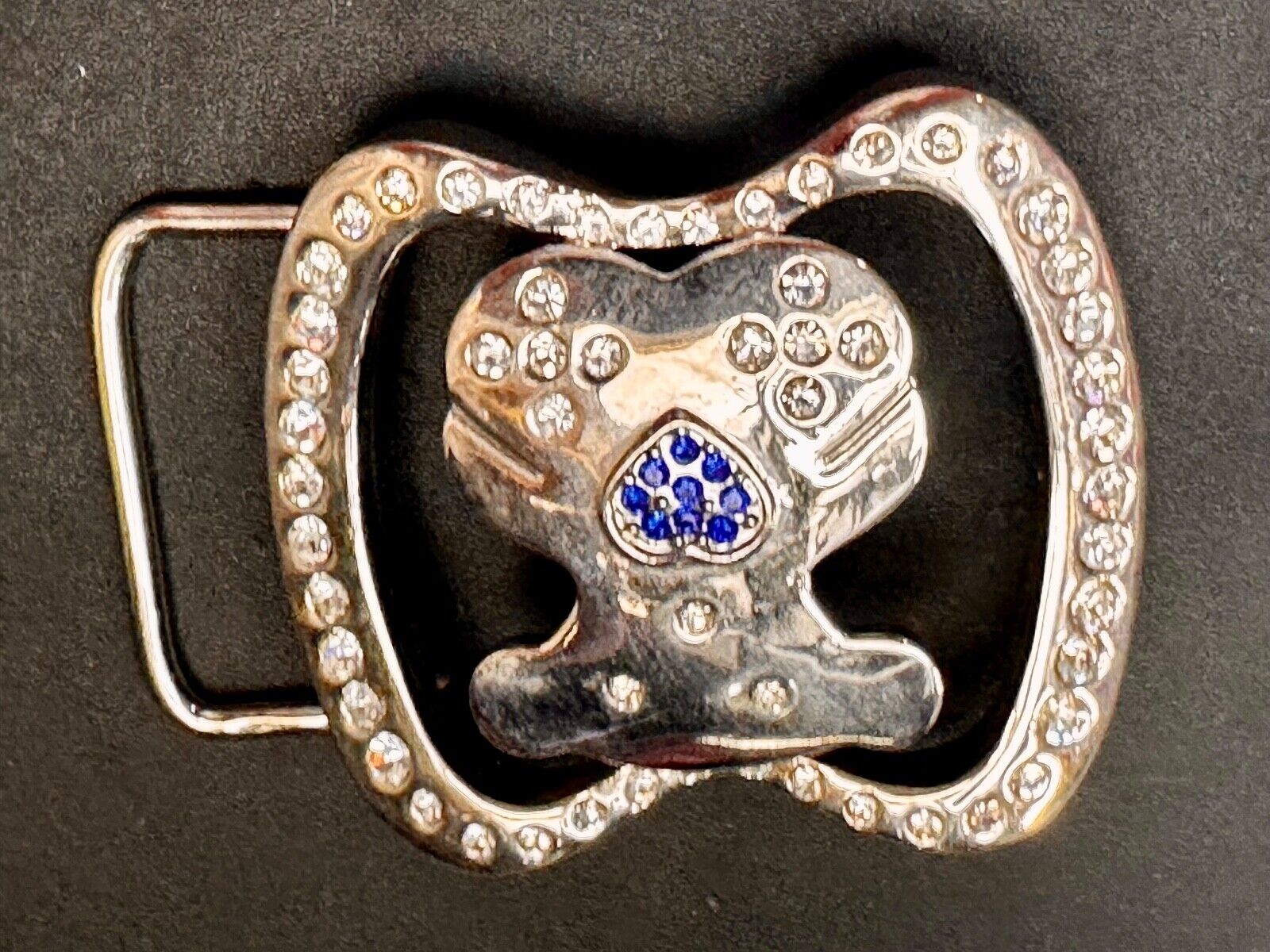 Teddy Bear W/ Heart Clear & Blue Rhinestone Accented Belt Buckle