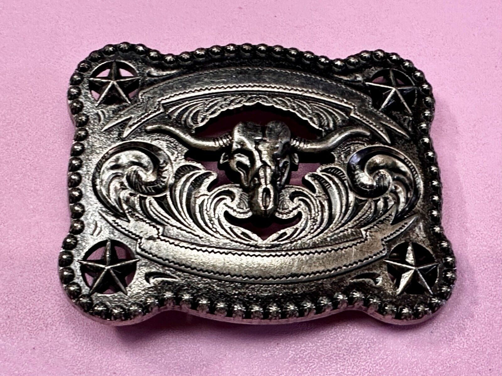Texas Longhorn Steer / Corner Stars - Engravable Blank Award Scroll Belt Buckle