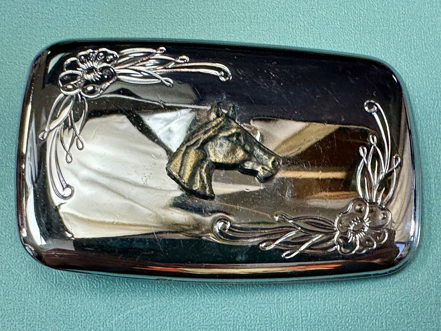 vintage horse head western two tone rectangular belt buckle for cowgirls cowboys