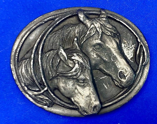 Two Horse Heads western 3" wide belt buckle - Key Makers Mark / Hallmark