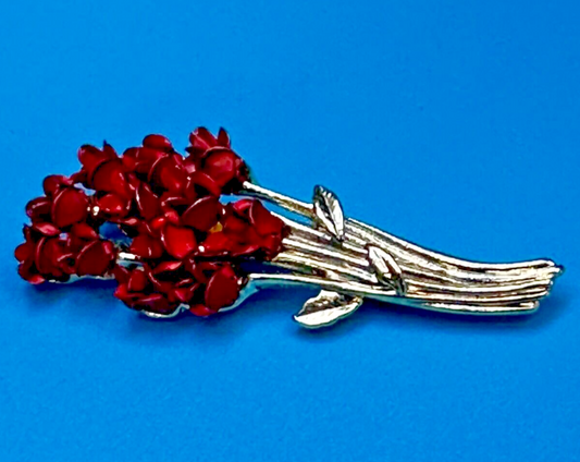 Beautiful Dozen of Red Roses Bouquet Gold Tone Brooch Pin Signed DM 97