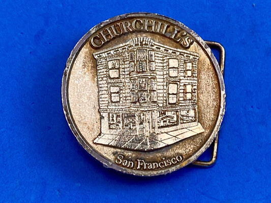 Vintage Churchill's San Francisco belt buckle by American pewter works the bar? 