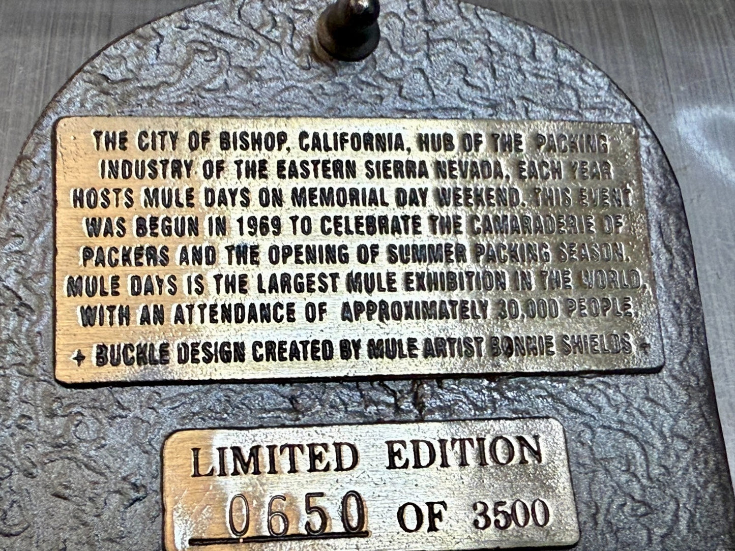 Bishop California Mule Days Memorial Day Weekend 1995 Commemorative Belt Buckle