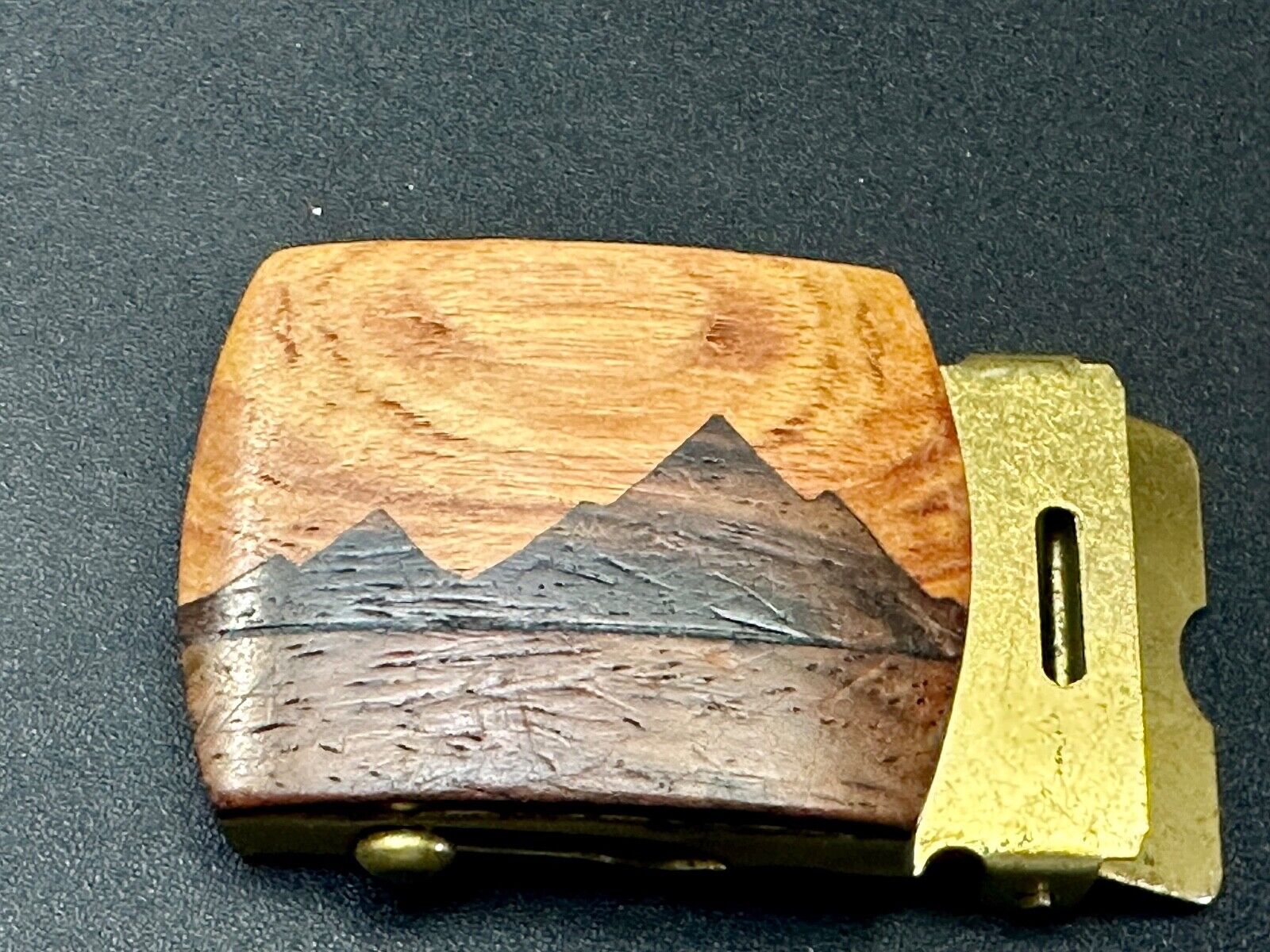 Artisan Mountain scene - Mixed Wood Top Solid Brass Ratchet Dress Belt Buckle