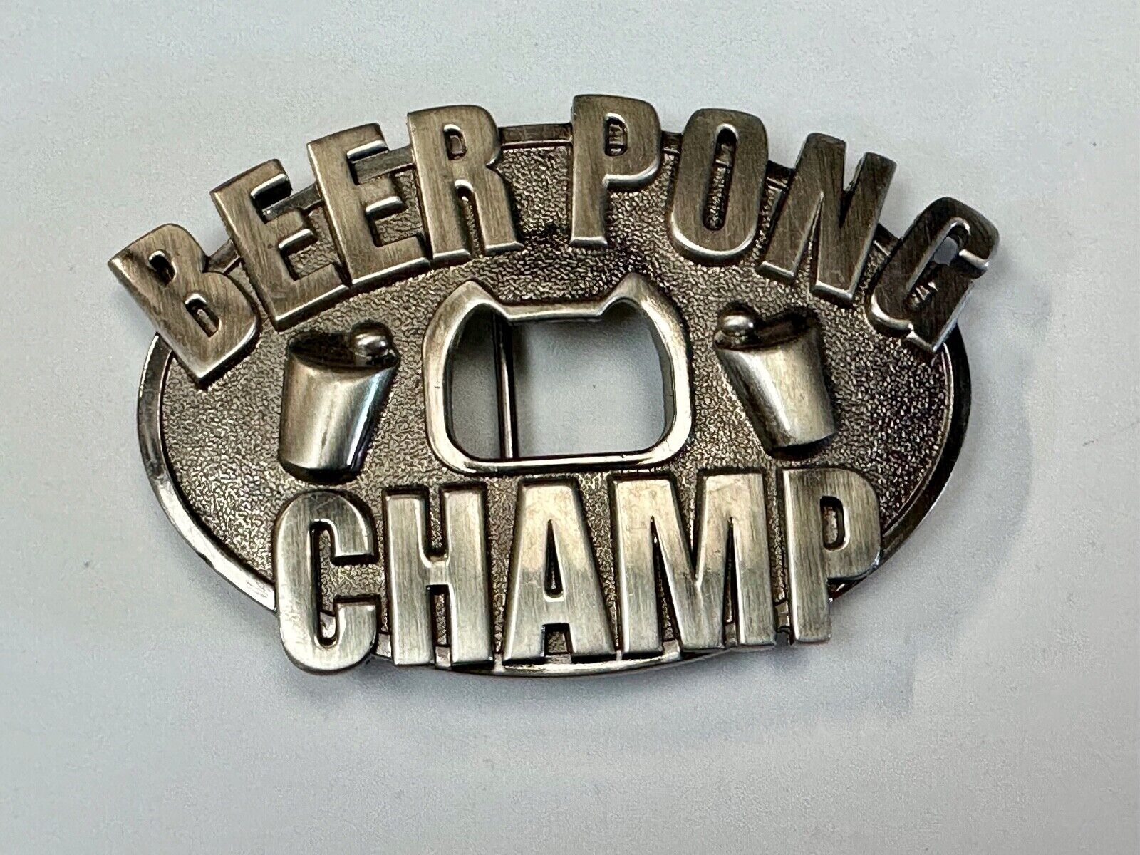 vintage beer pong champ novelty belt buckle and bottle opener by Kalan