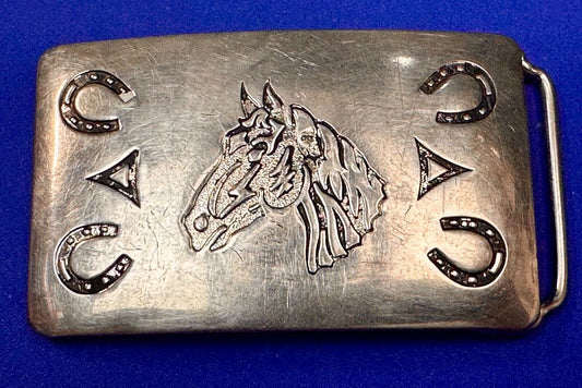 Vintage Chambers Horse Head - Engraved Horseshoe Southwestern Vibe Belt Buckle