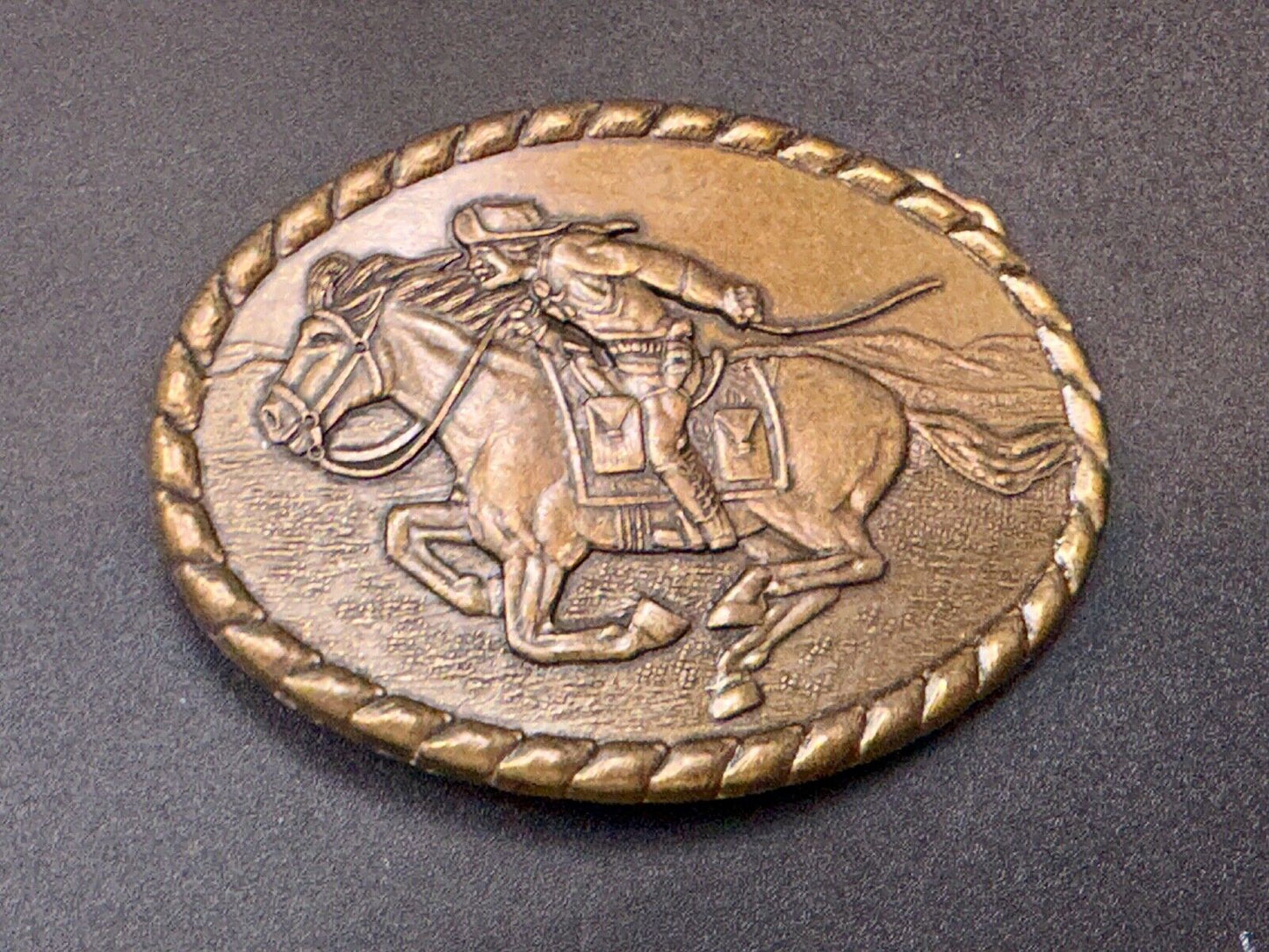 Vintage 1981 Mervyn's Pony Express Rider  Brass Belt Buckle Western Belt Buckle