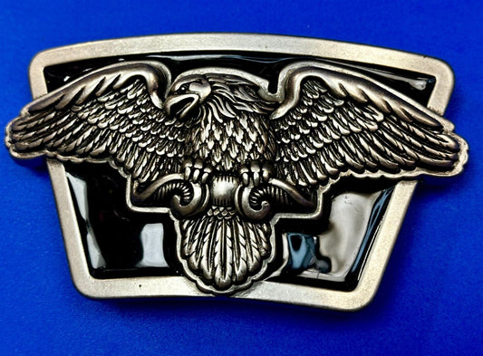 American Flying Bald Eagle Spreading Wings Silver Tone Black Enamel Belt Buckle