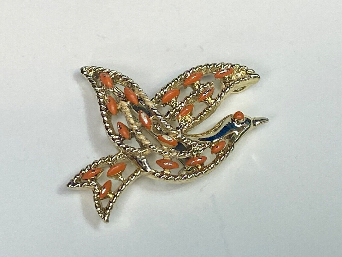 Vintage Gerry's Flying Bird Dove Orange Stone Enamel Gold Tone Brooch Pin