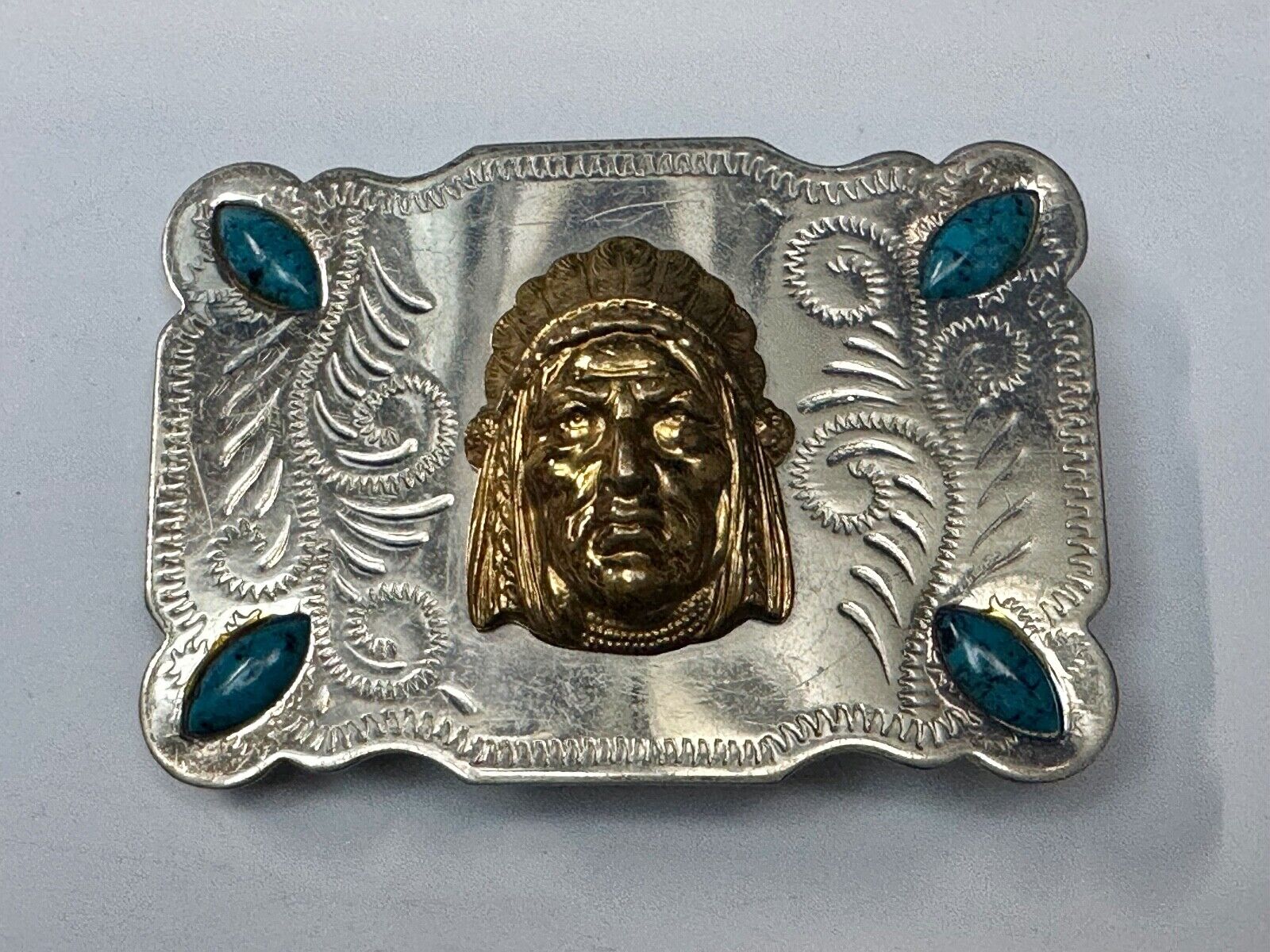 3D Native American Indian Chief & Turquoise stones Nickel Silver Vtg Belt Buckle