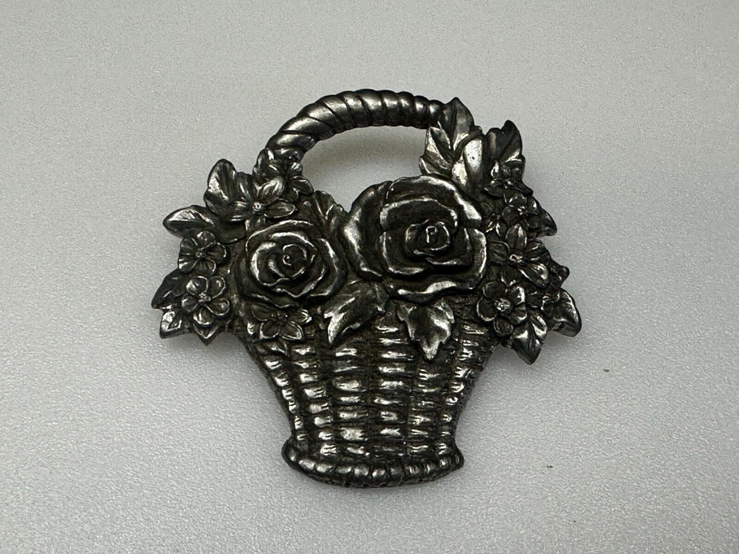 Vintage 1980's Flower Basket Floral Pewter Brooch Pin Signed Seagull Canada
